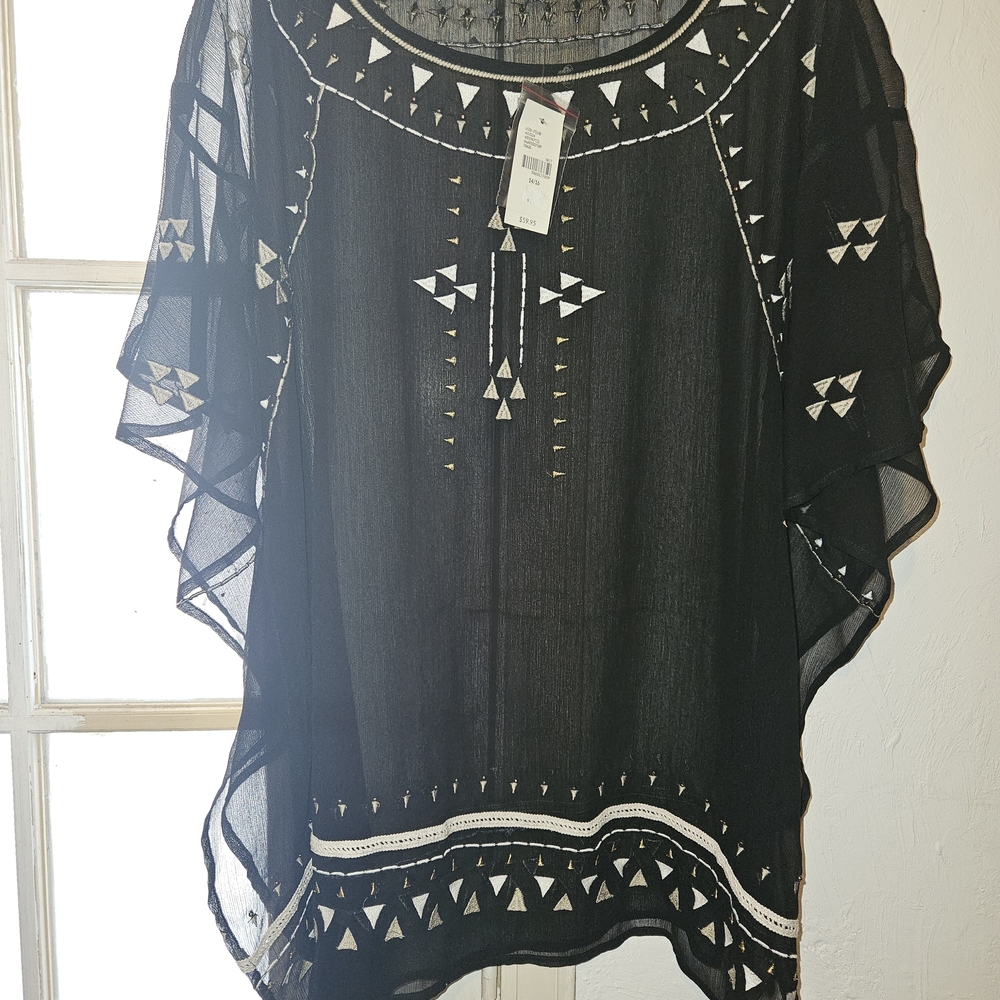 Lane Bryant Black Sheer Embroidered Poncho Top